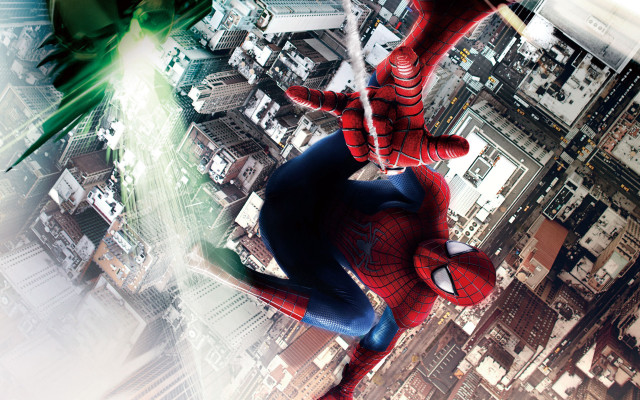 Spiderman flying city skyscrapers green free wallpaper - medium preview image