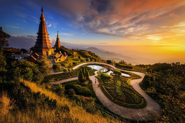 Scenic mountain lake pagoda sunset free wallpaper - medium preview image