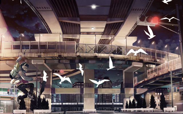Flying man skateboard building birds free wallpaper - medium preview image