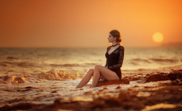 Woman rock ocean sunset sitting free wallpaper - medium preview image