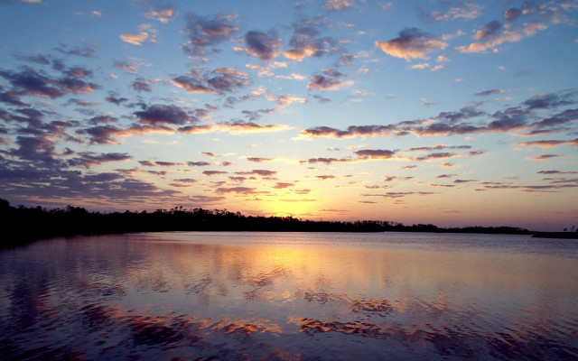 Sunset lake clouds trees cityscape free wallpaper - medium preview image