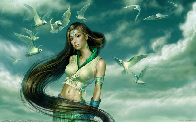 Long hair woman birds fantasy free wallpaper - medium preview image