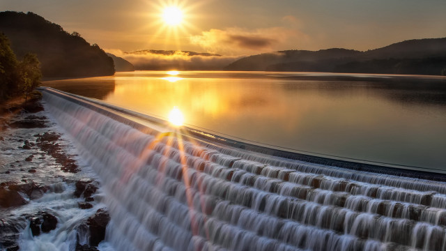 Waterfall sunset cityscape mountain river free wallpaper - medium preview image
