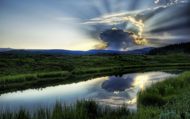 River sky clouds sunrays grass free wallpaper - medium preview image