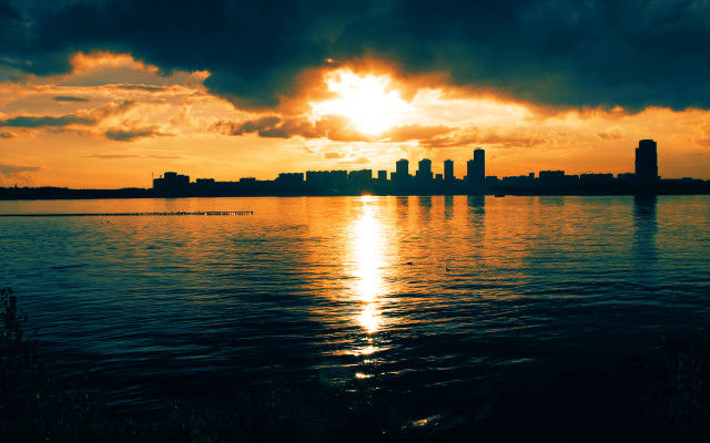 Sunset city water mountains bridge free wallpaper - medium preview image
