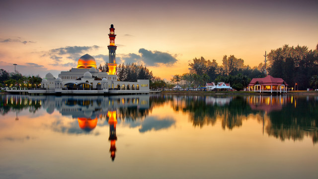 Mosque sunset lake reflection trees free wallpaper - medium preview image