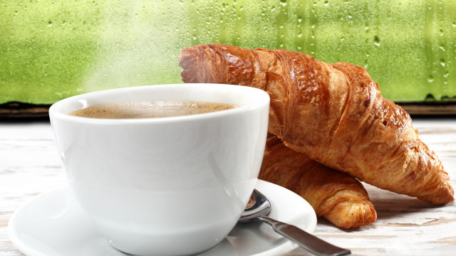 Coffee croissant saucer spoon table free wallpaper - medium preview image