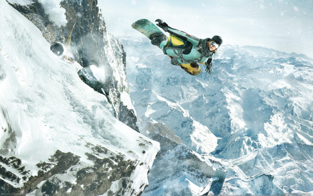 Snowboarder midair mountain snowfall poster free wallpaper - medium preview image