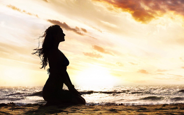 Beach sunset woman surfboard silhouette free wallpaper - medium preview image