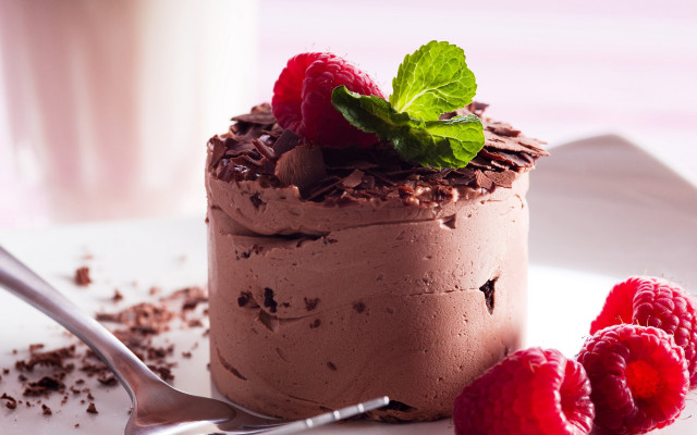 Chocolate cake raspberries spoon milk free wallpaper - medium preview image