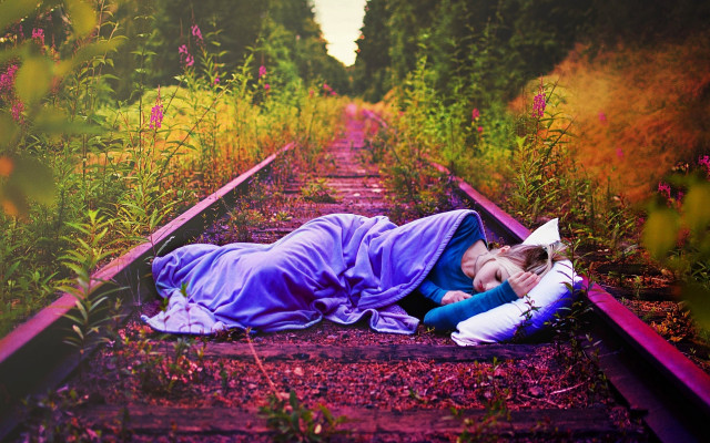 Woman traintrack blanket book surreal free wallpaper - medium preview image