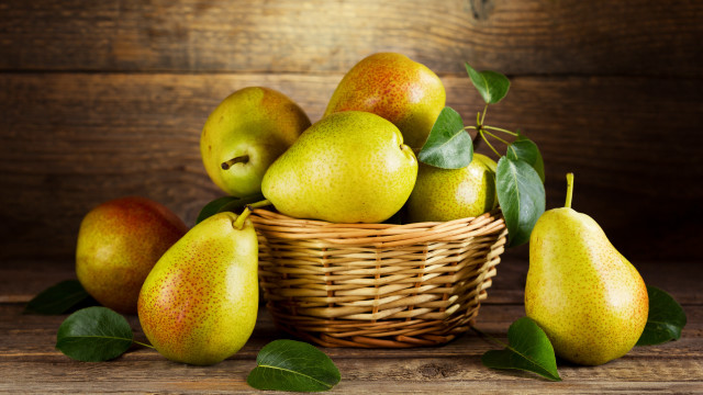 Pears basket wooden table leaves free wallpaper - medium preview image