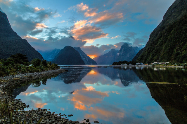 Lake mountains forest sunset reflection free wallpaper - medium preview image