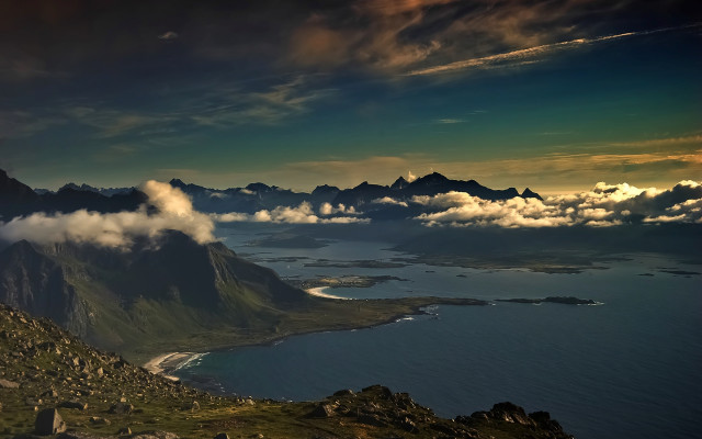 Mountain lake sunset clouds beach free wallpaper - medium preview image