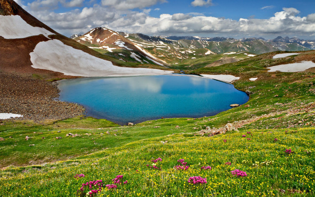 Blue lake mountains flowers sunny #2 free wallpaper - medium preview image