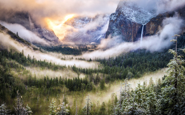 Mountain valley waterfall fog forest free wallpaper - medium preview image