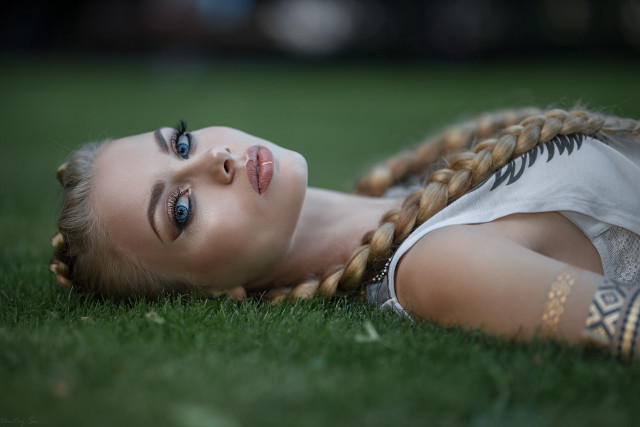 Girl braids lying grass dandelion free wallpaper - medium preview image