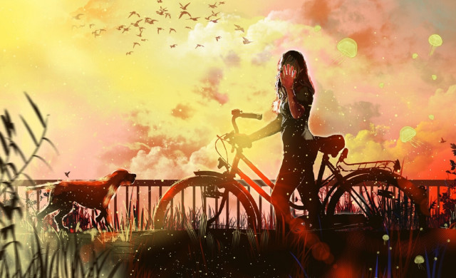 Woman bike dog bridge sunset free wallpaper - medium preview image