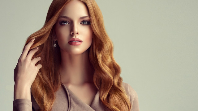Red haired woman posing photorealistic free wallpaper - medium preview image