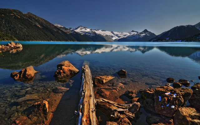 Lake mountains log sky water free wallpaper - medium preview image