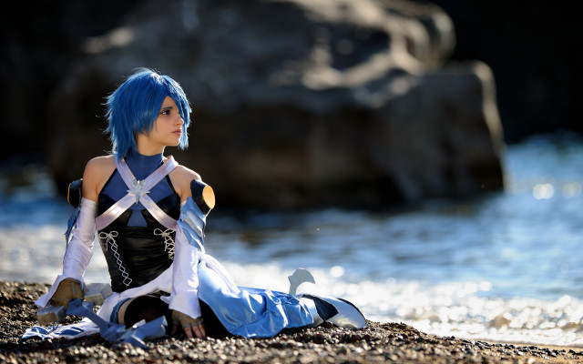 Blue haired woman beach cosplay free wallpaper - medium preview image