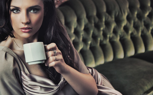 Woman coffee couch serious fashion free wallpaper - medium preview image