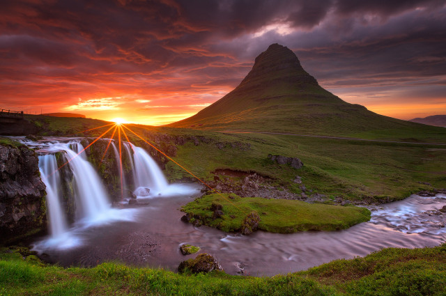 Waterfall sunset mountain clouds red free wallpaper for desktop - medium preview image