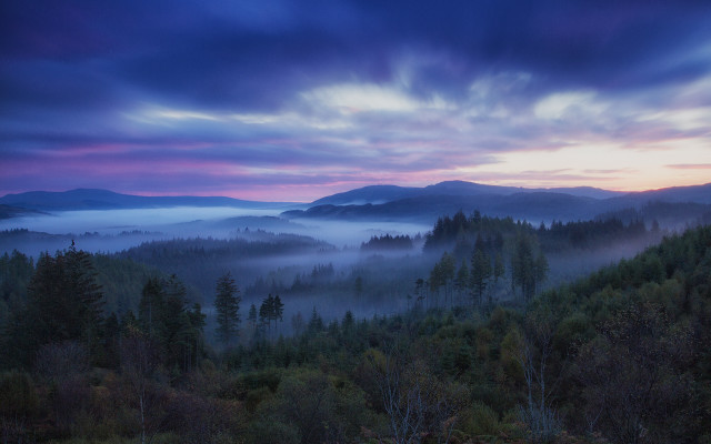 Forest mountains sunset fog nature free wallpaper - medium preview image