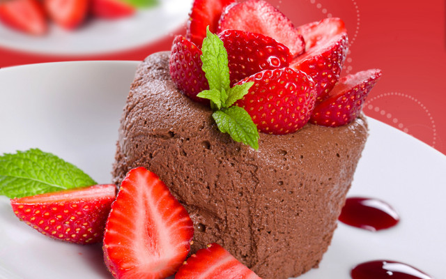 Chocolate cake strawberries plate spoon free wallpaper - medium preview image
