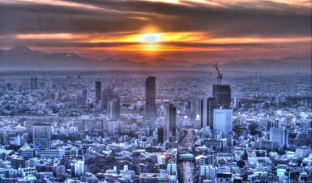 Cityscape sunset mountains cloudy sky free wallpaper - medium preview image