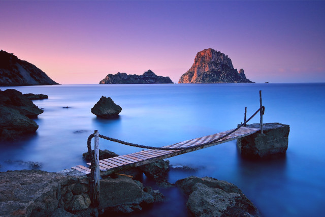 Wooden dock rocky beach mountain free wallpaper - medium preview image