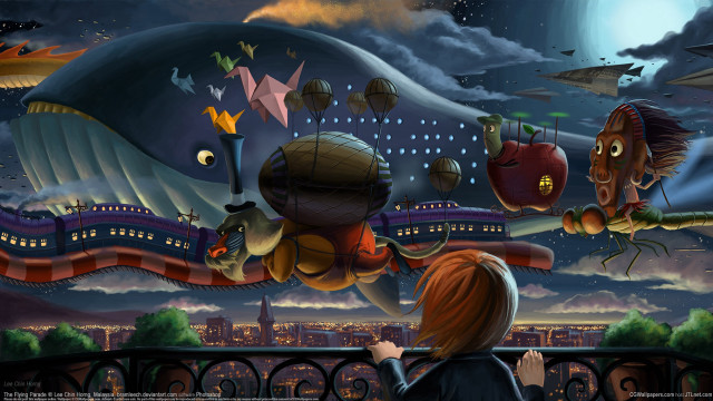Woman whale flying creatures city free wallpaper - medium preview image