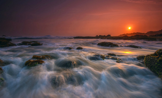 Sunset water rocks island bridge free wallpaper - medium preview image