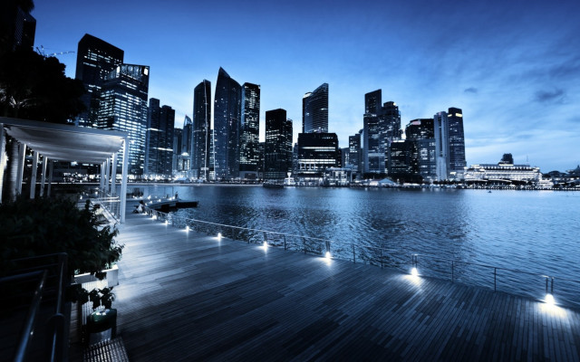 City skyline night dock lights free wallpaper - medium preview image