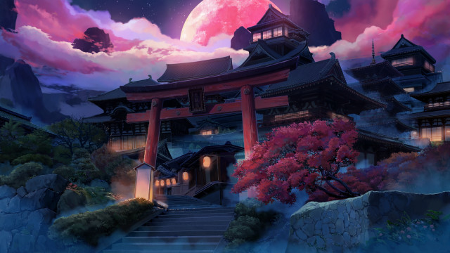 Japanese temple full moon pink free wallpaper - medium preview image