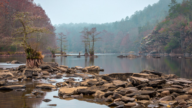 Lake rocks trees foggy sunset free wallpaper - medium preview image