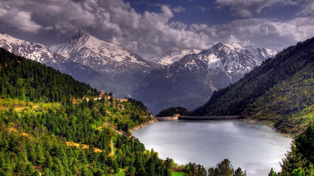 Lake mountains castle forest cloudy free wallpaper - medium preview image