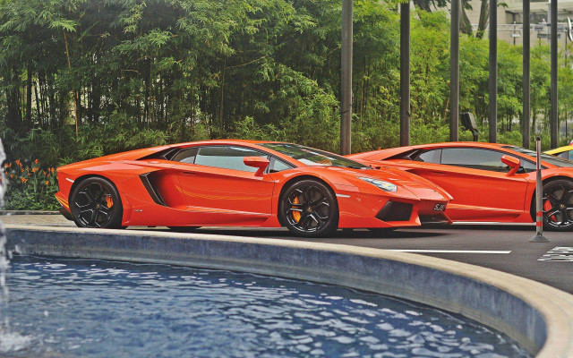 Orange sports cars fountain trees free wallpaper - medium preview image
