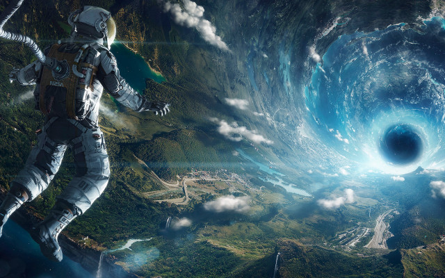 Space man blackhole mountain river free wallpaper - medium preview image