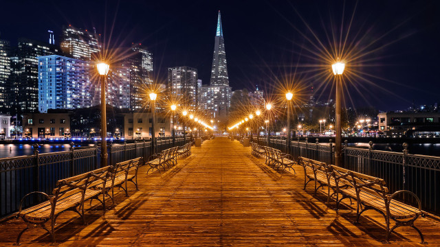 Wooden walkway city lights bridge free wallpaper - medium preview image