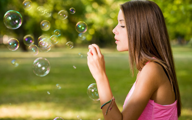 Girl bubbles park sunny trees free wallpaper - medium preview image