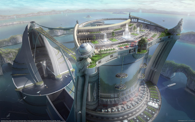 Futuristic city bridge building water #2 free wallpaper - medium preview image