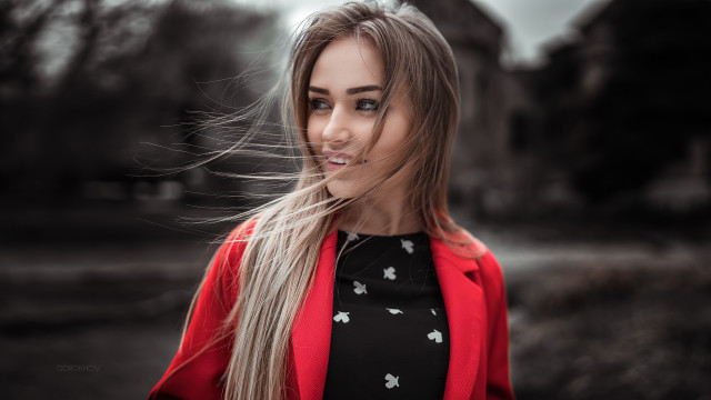 Woman longhair field redjacket portrait free wallpaper - medium preview image