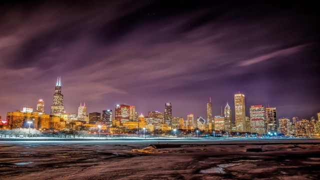 City skyline night purple clouds free wallpaper for desktop - medium preview image