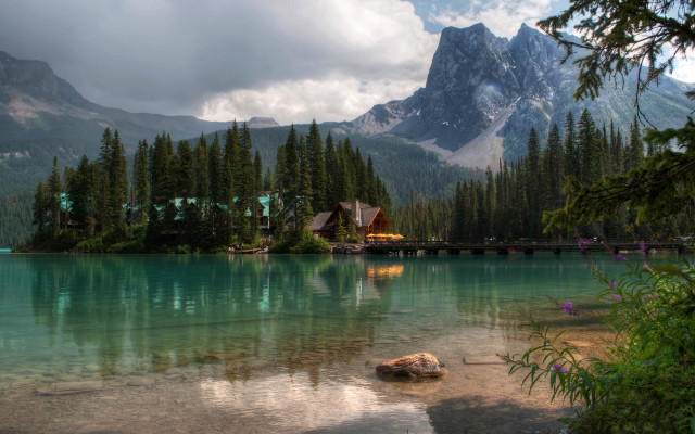 Lake mountains trees house bridge free wallpaper - medium preview image