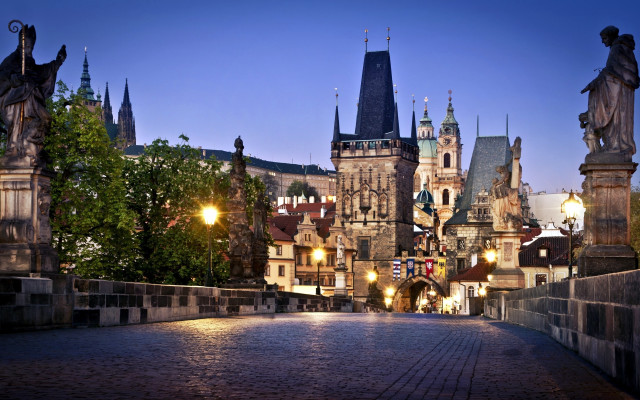 City bridge castle night lights free wallpaper for desktop - medium preview image