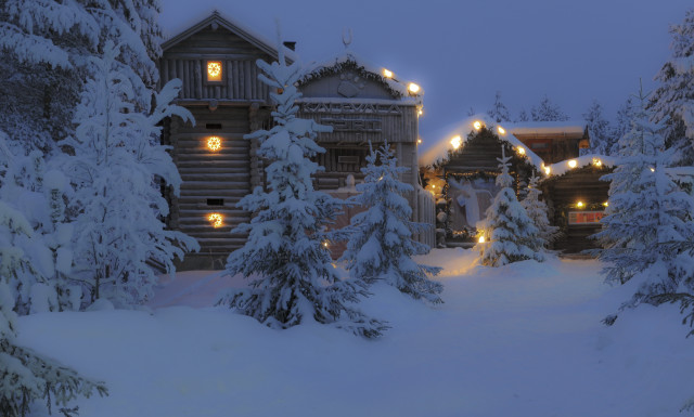 Snowy cabin trees lights night free wallpaper - medium preview image