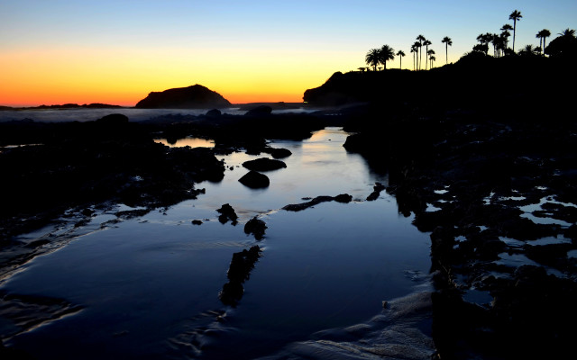 Sunset water rocks palm trees free wallpaper for desktop - medium preview image