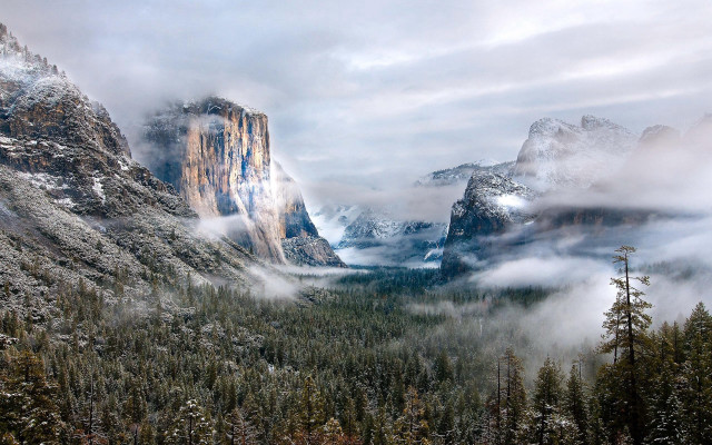 Mountain range forest clouds snowy free wallpaper for desktop - medium preview image