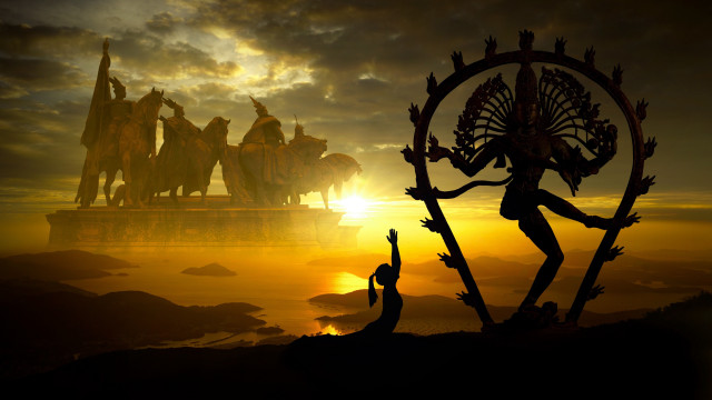 Sunset group people statue horses free wallpaper - medium preview image